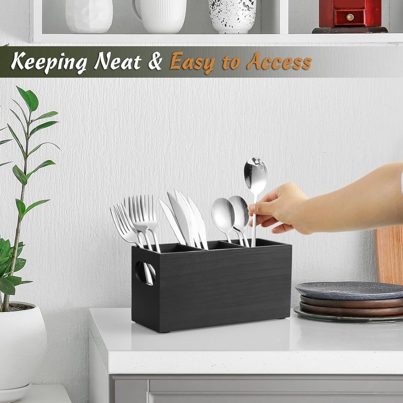 DRASTAR Silverware Holder, Wooden Utensil Caddy, Silverware Organizer Countertop, Cutlery Holder for Party, Fork Spoon Knife Organizer，Black - Image 4